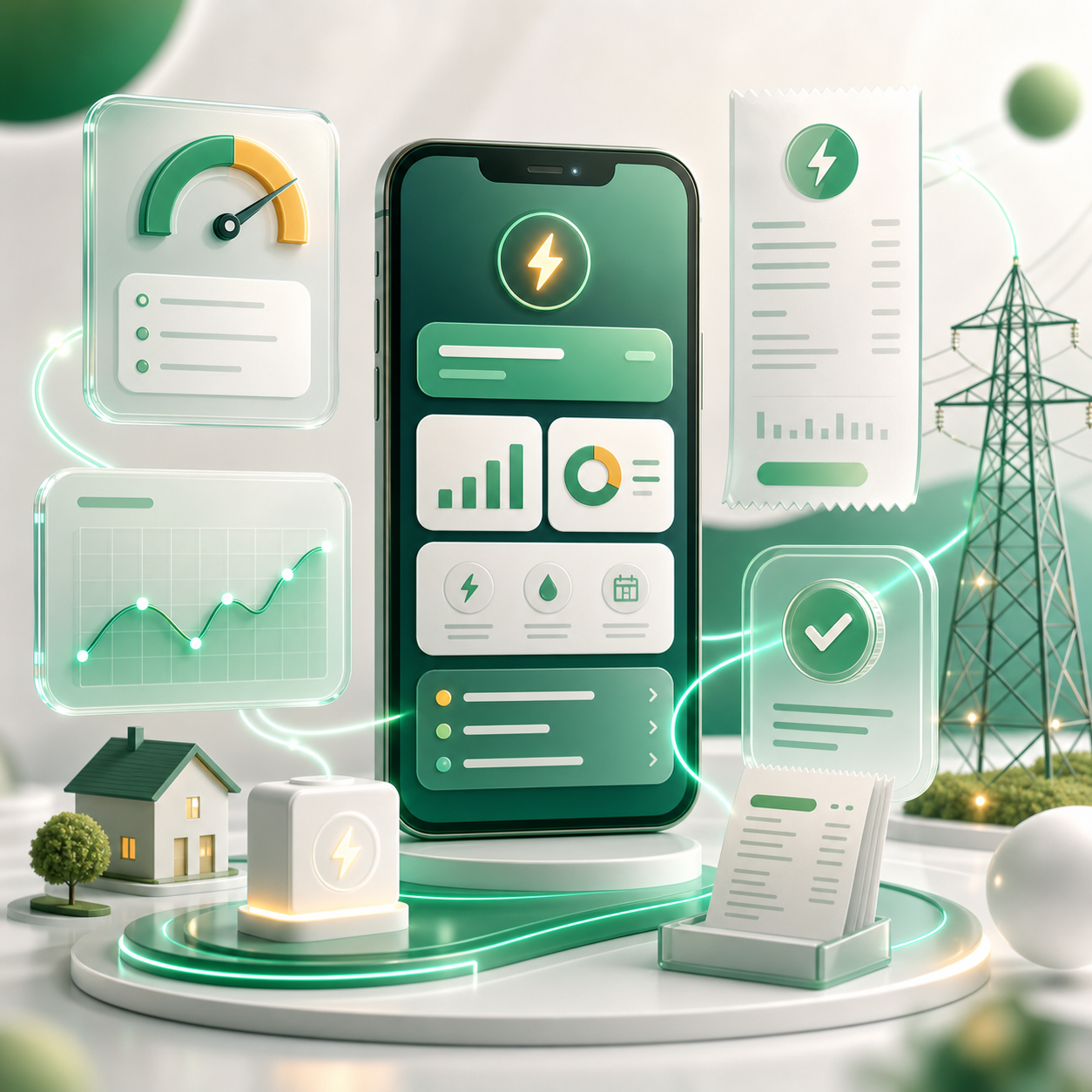Illustration of a modern phone-based electricity bill dashboard with analytics cards.